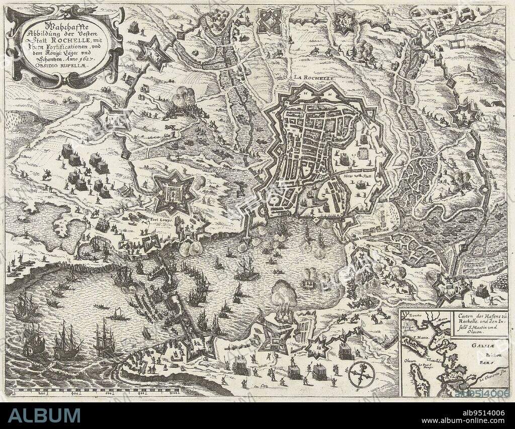 Map of the French coast showing the siege of La Rochelle by the State army and France, September 1627 - October 1628 Surrounding the rebellious city by the French royal troops under Cardinal Richelieu Bottom right an inset with a map of the greater area, Map of the Siege of La Rochelle, 1627-1628 Wahrhaffte Abbildung der Vesten Statt Rochelle, mit Ihren Fortificationen, und dem Knigl: Lger und Schantzen Anno 1627 Obsidio Ruppellae , print maker: anonymous, Claes Jansz. Visscher (II), (workshop of), Germany, 1627 - 1629, paper, etching, h 274 mm × w 350 mm.