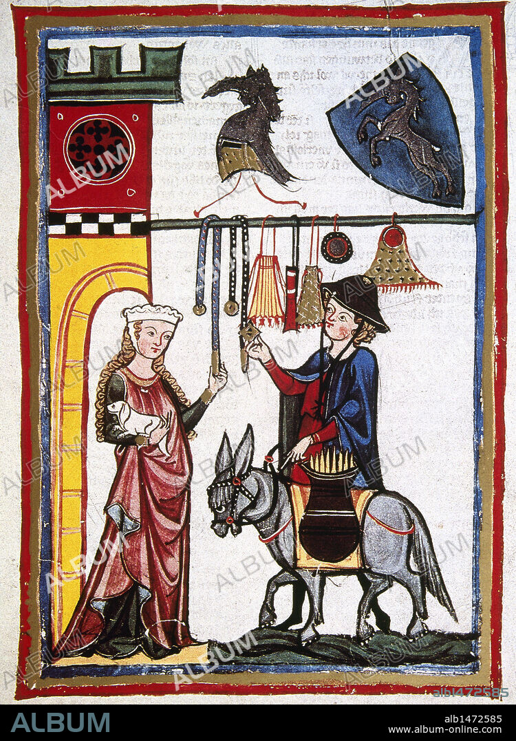 SOCIEDAD MEDIEVAL. SIGLO XII "DIETMAR VON AIST, POETA AUSTRIACO, DISFRAZADO DE MERCADER OFRECE A LA DAMA LA MERCANCIA". Miniatura del CODICE MANESSE (h.1300), realizado por Rudiger Manesse y su hijo Johannes. Fol. 64r. Biblioteca Universitaria. Heidelberg. Alemania.