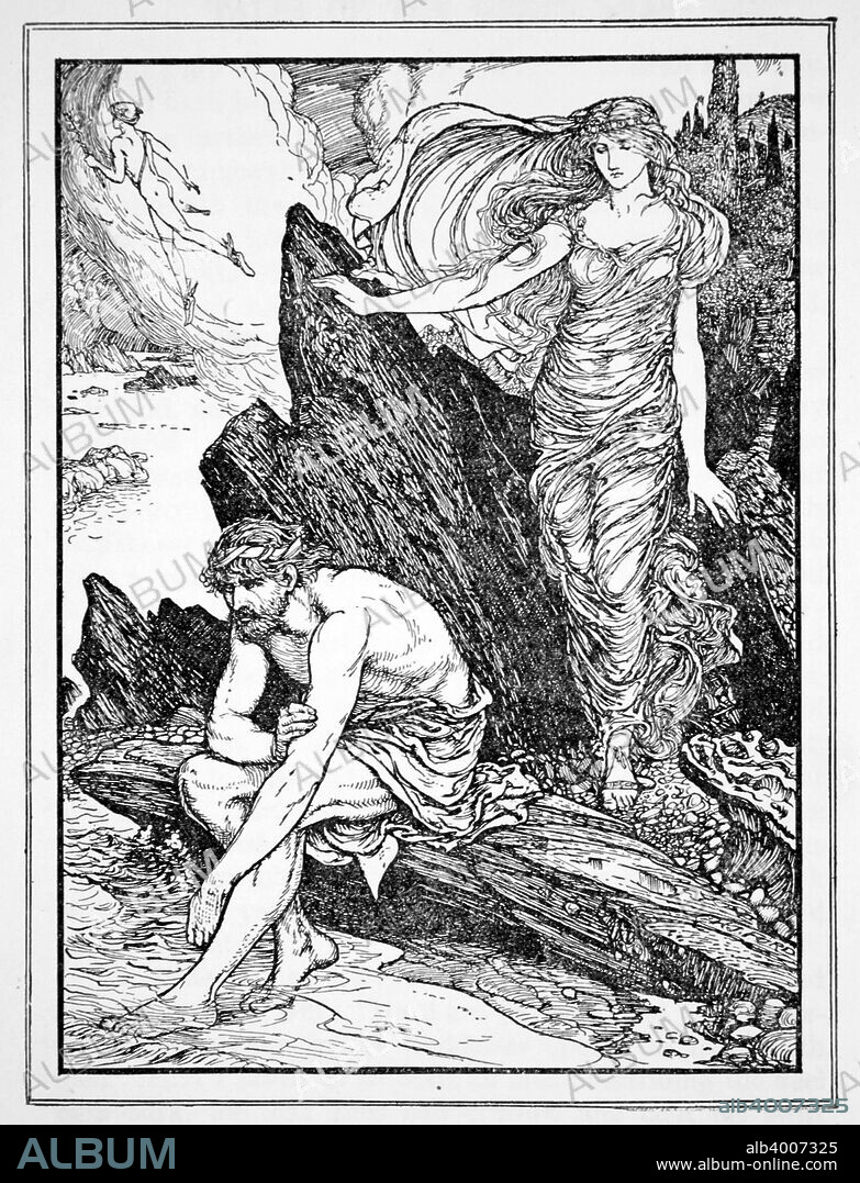 'Calypso Takes Pity on Ulysses, 1926'. Calypso, a sea-nymph, falls in love with Ulysses (Odysseus) and compels him to stay with her for seven years until persuaded by Zeus to release him. A print from Tales of the Greek Seas by Andrew Lang, 1926.