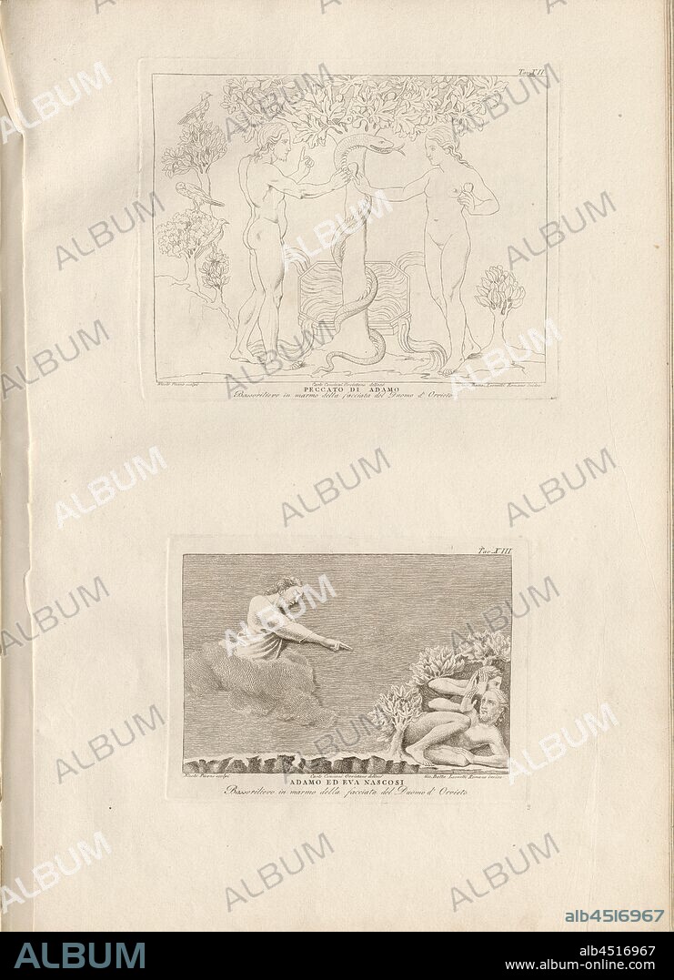 Sin of Adam and Adam and Eve I hid, Fall and Expulsion from Paradise, signed: Nicolo Pisano (scolpi); Carlo Cencioni (delineo); Gio, Batta, Leonetti (incise), Tav., XII and Tav., XIII, Pisano, Nicolo (sc.); Cencioni, Carlo (del.);, Guglielmo Della Valle: Storia del duomo di Orvieto. Roma: presso i Lazzarini, MDCCXCI [1791].