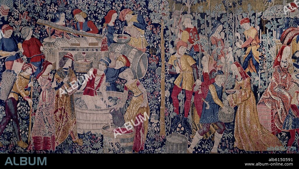 LA VENDIMIA - TAPIZ MODERNO MECANICO - 1,40X1,82 CM - COPIA DE TELARES FRANCESES DE HACIA 1500.