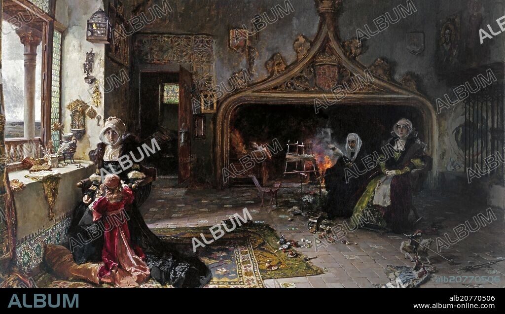 FRANCISCO PRADILLA Y ORTIZ (1848-1921). LA REINA DOÑA JUANA RECLUIDA EN TORDESILLAS CON SU HIJA LA INFANTA DOÑA CATALINA - 1906 - O/L - 85x146 cm - ECLECTICISMO ESPAÑOL - NP 7493.