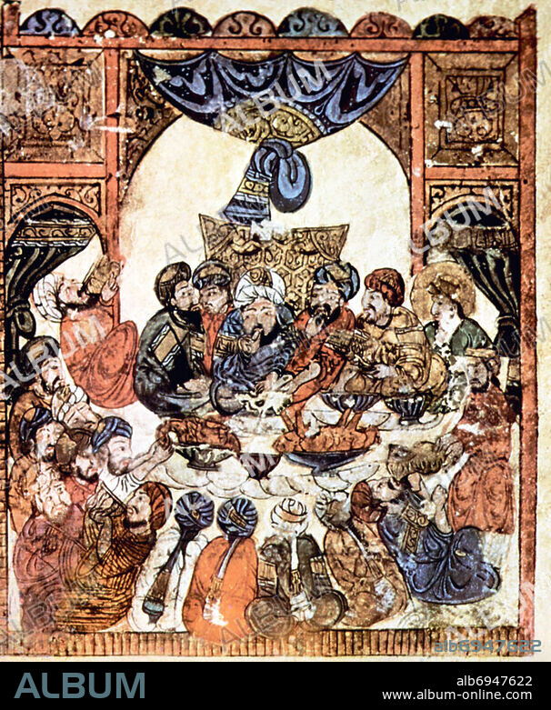 Maqama (literally 'assemblies') are an (originally) Arabic literary genre of rhymed prose with intervals of poetry in which rhetorical extravagance is conspicuous. The 10th century author Badi' al-Zaman al-Hamadhani is said to have invented the form, which was extended by al-Hariri of Basra in the next century. Both authors' maqamat center on trickster figures whose wanderings and exploits in speaking to assemblies of the powerful are conveyed by a narrator.<br/><br/>. Manuscripts of al-Hariri's Maqamat, anecdotes of a roguish wanderer Abu Zayd from Saruj, were frequently illustrated with miniatures. Pictures From History.