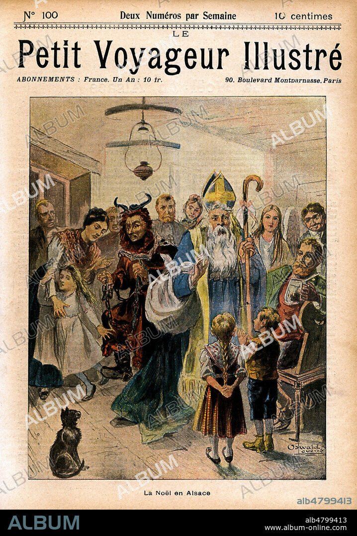 Un Noel en Alsace (Saint Nicolas et Hans Trapp : Croque-Mitaine qui d'un seul coup d'oeil devine les enfants qui n'ont pas ete sages). Illustration vers 1897 par Oswald LEVENS (19-20 s.) pour Le petit Voyageur illustre. Credit : Collection Jonas/Kharbine-Tapabor.