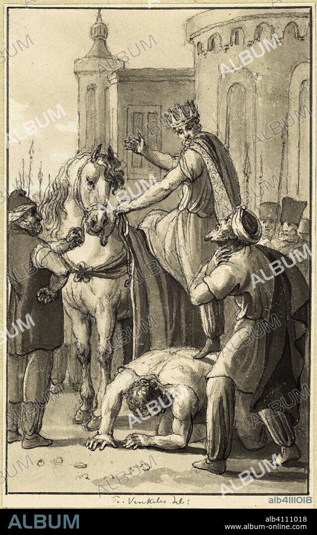 Emperor Valerian in captivity with the Persian king Sapor. Draughtsman: Reinier Vinkeles (I). Dating: 1804. Measurements: h 135 mm × w 85 mm.