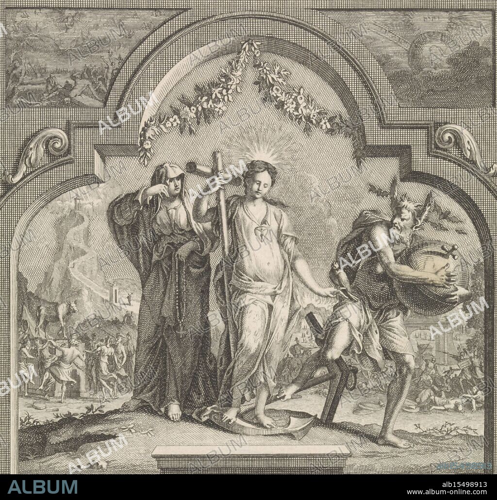 Amsterdam, Hoorn, Nicolaas ten, Goeree, Jan, The Second Epistle of the Holy Apostle Paul explained by Willem Deurhoff, Title page for Willem Deurhoff, Faith, hope, and love of the Christians, shown in the second letter of the holy apostle Simeon Petrus, 1713, Hope and Error, verso middle - stamped, In the middle the personification Error, a man with Midas ears. He holds the globe and walks away from the personifications Hope and Faith. In the background scenes from the Old Testament including the worship of the Golden Calf and Jacob's ladder. Below the scene a cartouche with the title of the book. On either side of the cartouche a medallion with a scene from the Old Testament. On the left the destruction of Sodom and on the right the Flood. Above the scene the Last Judgement., print, engraving, title page, prints, engravings, height 190 mm, width 160 mm, 1670-10-20 - 1731-01-04, print maker, printmaker, 1713 - 1713, paper, engraving (printing process), Work conception, after a design by, Publication (Event), Publication, publisher.