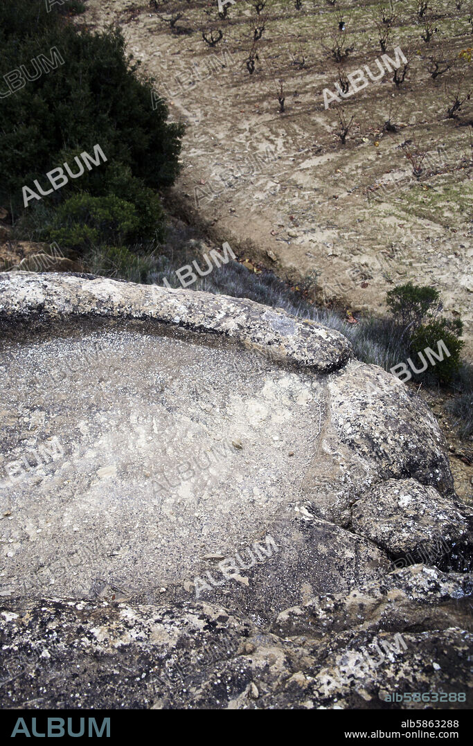 cerca de Samaniego; antiguo "lagar" para producción de mosto tallado en piedra.
