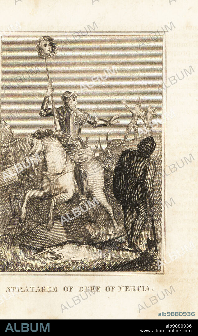 Eadric Streona (died 1017) hoists the head of Osmer on his spear at the Battle of Assandun, 1016. The victim resembled Edmund Ironside. Stratagem of the Duke of Mercia. Copperplate engraving from M. A. Jones History of England from Julius Caesar to George IV, G. Virtue, 26 Ivy Lane, London, 1836.
