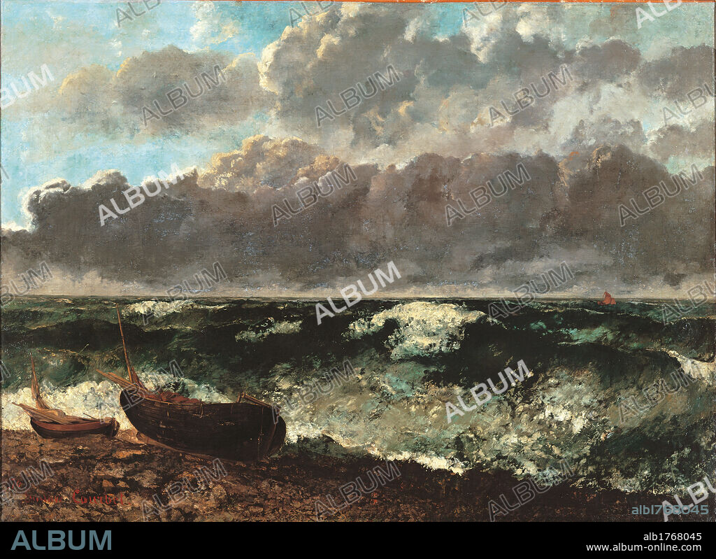 Stormy Sea, also known as The Wave, by Gustave Courbet, 1870, 19th Century, oil on canvas, cm 117 x 160,5. France, Ile de France, Paris, Muse dOrsay. All. Stormy sea wave sky clouds gray light blue azure boats beach waves.