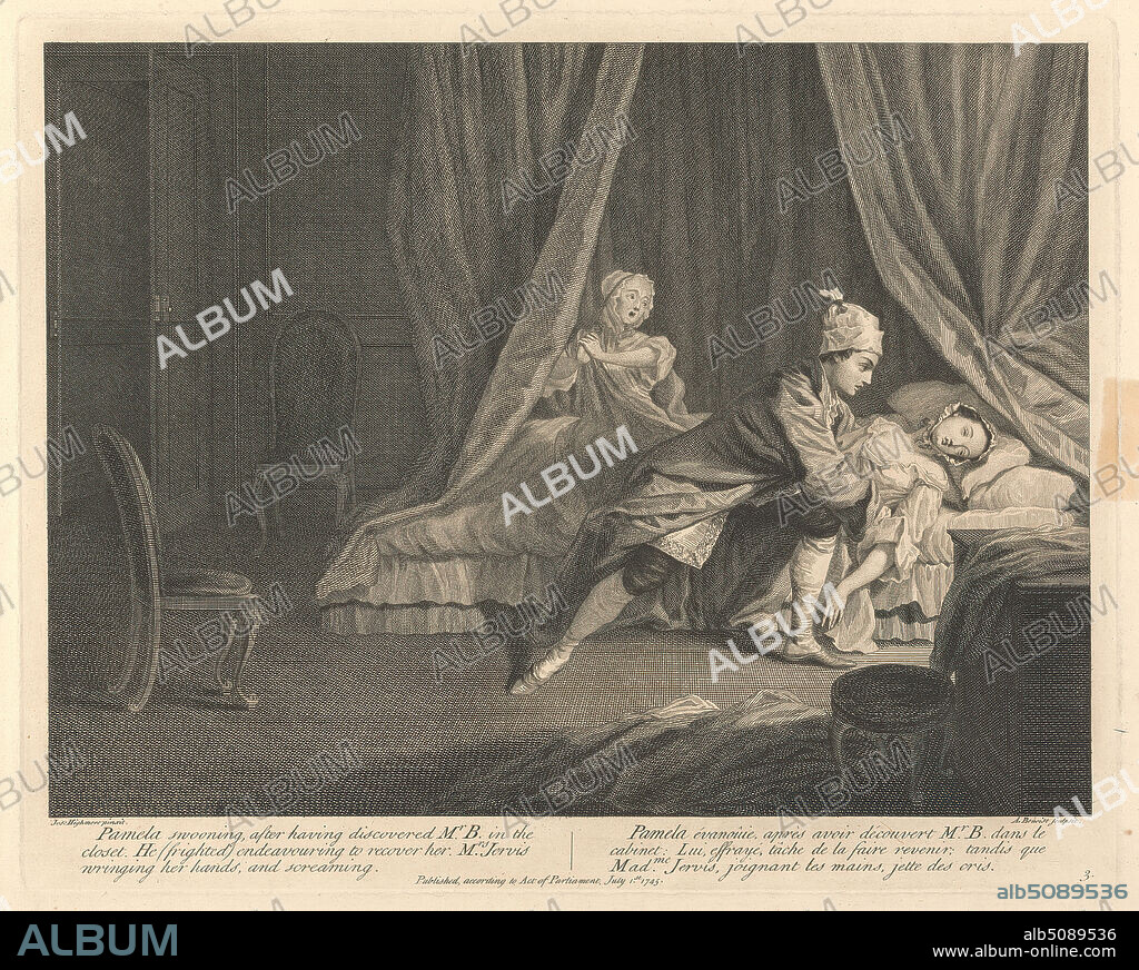 Pamela Swooning, after having discovered Mr. B. in the closet, He (frighted) endeavouring to recover her, Mrs. Jervis wringing her hands, and screaming, Print made by Guillaume Philippe Benoist, 1725ca. 1770, French, after Joseph Highmore, 16921780, British, 1745, Etching with stipple engraving on medium, slightly textured, cream laid paper, Sheet: 15 1/16 x 20 1/16 inches (38.3 x 51 cm), Plate: 11 13/16 x 14 7/8 inches (30 x 37.8 cm), and Image: 10 3/8 x 14 1/8 inches (26.4 x 35.9 cm), bedroom, blankets, cap, chairs, closet, crying, drapery, fainting, fear, kissing, literary theme, man, night, nightgown, novel, Pamela, or Virtue Rewarded (1740) by Samuel Richardson (1689-1761), pillows, robe, screaming, servants, slippers, stockings, stool, surprise, swooning, table, virtue, women.