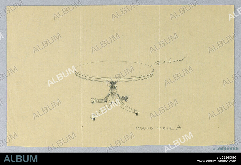 Design for Round Table 'A', A.N. Davenport Co., Graphite on thin, cream paper, Round molded table raised on turned baluster-like support sitting on cylindrical base terminating in four splayed legs on casters., 190005, furniture, Drawing, Drawing.