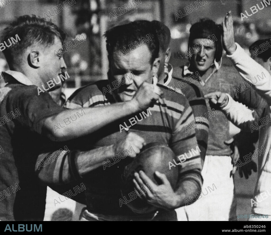 Referee Dr. R. Vanderfield awards a penalty in the Rugby Union grand final at the Showground but misses a scuffle between Manly and Test forward Tony Miller, extreme left, and Brian Orrock (Gordon). Though the scuffle continued no further action was taken. Gordon won 19-6. September 21, 1952.