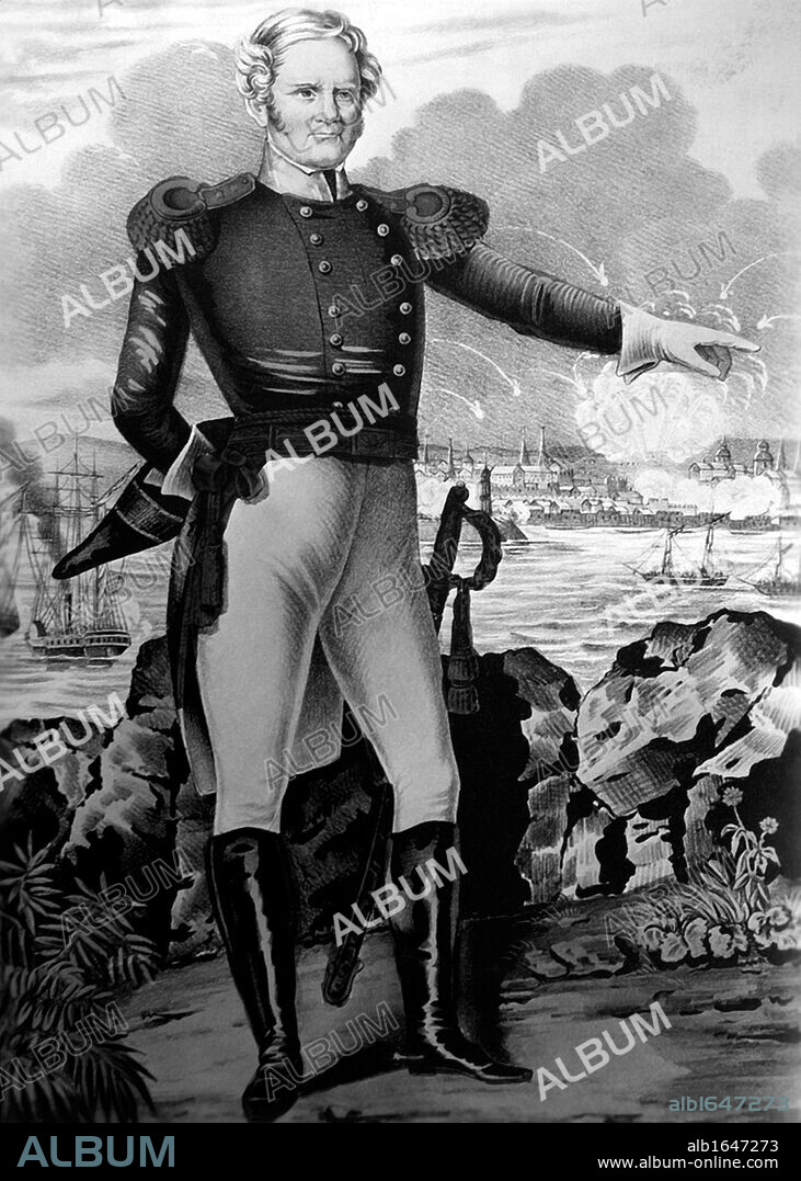 Major-General Winfield Scott (1786-1866) American soldier. During the Mexican-American War 1846-1848 Scott commanded the southern of America's two armies.  Scott pictured at the Battle of Veracruz, 20 day siege of the city 9-29 March 1847, pointing to the warships in the harbour.  American forces took the city and marched on to Mexico City.  Thius was the first large-scale amphibious assault by the United States forces. Lithograph.