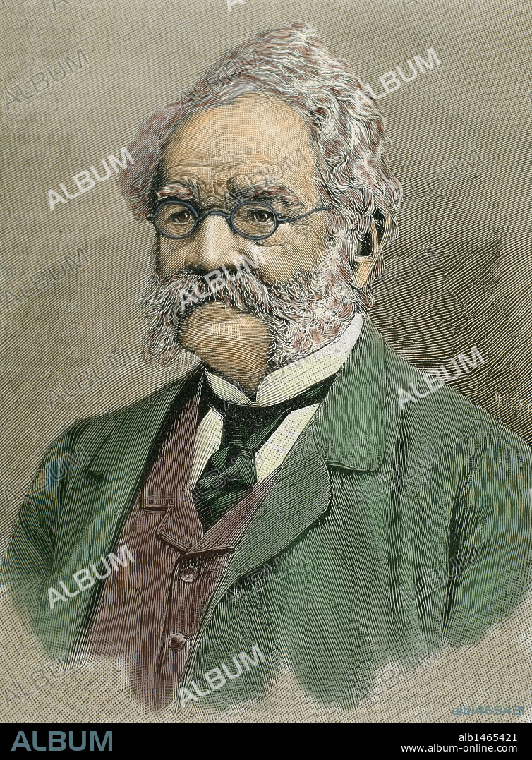SIEMENS, Werner Von (Lenthe, 1816-Charlottenburg, 1892). Ingeniero alemán. Fundó en 1846, junto a Jorge Halske la firma "Siemens y Halske". Inventor de las minas marítimas eléctricas y del aislamiento eléctrico con guta percha. En 1866 construyó la primera dinamo eléctrica y en 1869 el primer ferrocarril eléctrico. Grabado coloreado del siglo XIX.
