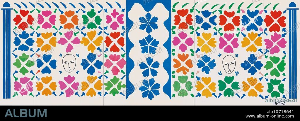 Henri Matisse/ Large Decoration with Masks. 1953. Gouache on paper, cut and pasted,
and ink on white paper, mounted on canvas.
139 1/4 × 392 1/4? (353.6 × 996.4 cm).