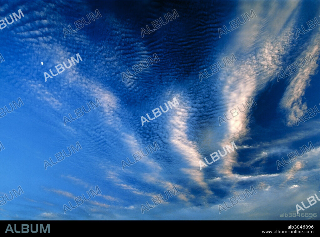 Cirrocumulus undulatus clouds at sunset. Composed of ice crystals, these high-level clouds occur between 6000 and 14,000 metres. Their pink tinge is due to the reddish light of sunset reflecting off the bottom of the clouds. Their rippled appearance led to their being name undulatus (undulating), which occurs due to wind shear. If they increase in coverage, they are indicative of an approaching frontal weather system.