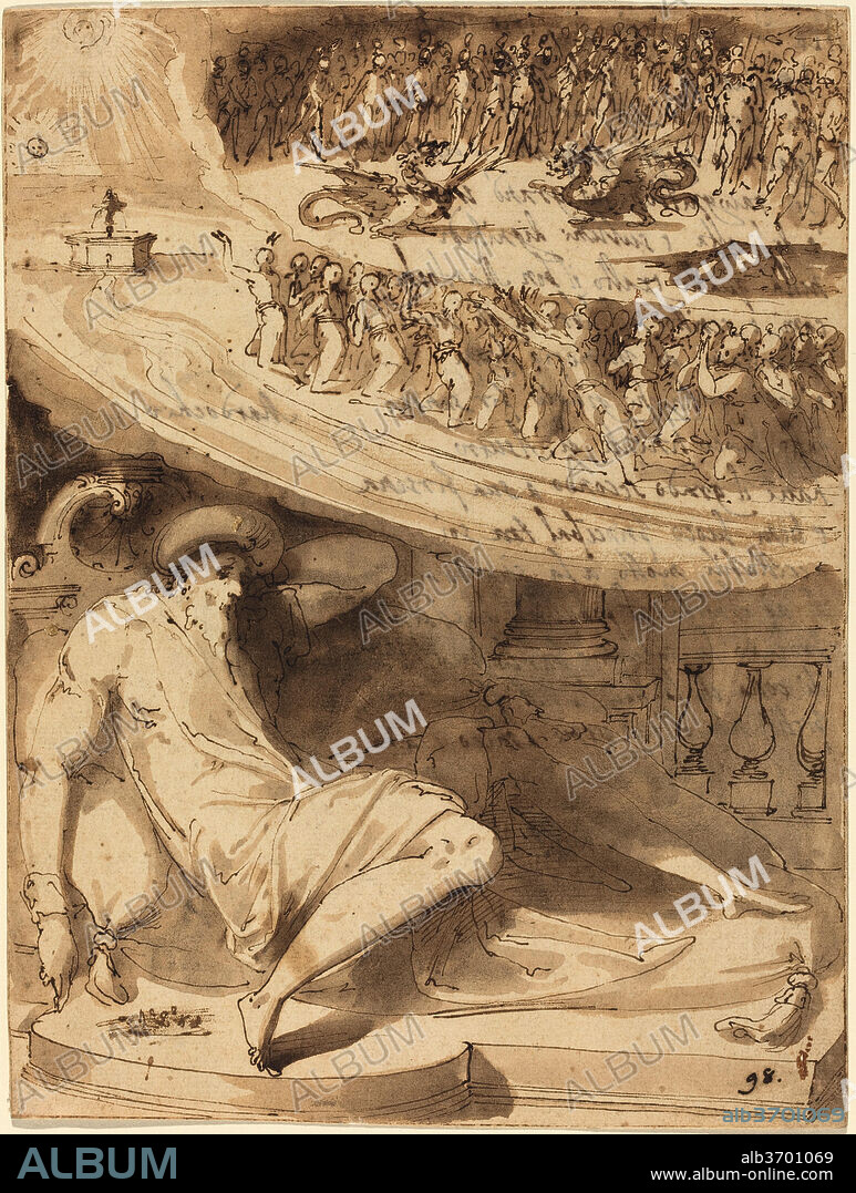 GIOVANNI GUERRA. The Dream of Mordecai. Dimensions: Overall (approximate): 22.6 x 17.2 cm (8 7/8 x 6 3/4 in.)  support: 30 x 24.2 cm (11 13/16 x 9 1/2 in.). Medium: pen and brown ink with brown wash on laid paper.