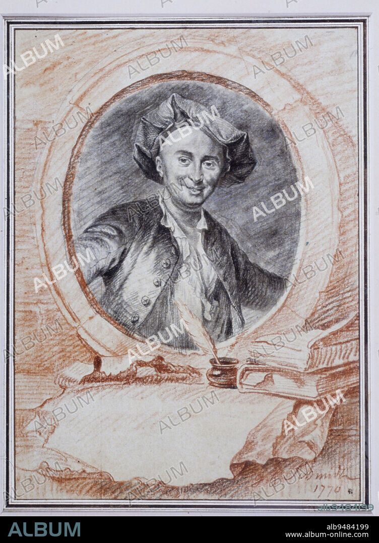 Portrait of Julien Offray de La Mettrie (17091751), 1770, Georg Friedrich Schmidt, German, 1712 - 1775, 12 9/16 x 9 3/16 in. (31.91 x 23.34 cm) (sheet), Sanguine and conté crayon, Germany, 18th century, A native of Berlin, Schmidt came to Paris to study printmaking with Nicolas Larmessin and became a member of the Royal Academy in 1742. He returned to Berlin in 1744 to serve as engraver to the King of Prussia and in 1757, established a school for printmakers at Saint Petersberg. The subject of Schmidts portrait, Julien Offray de La Mettrie (17091751) was a brilliant yet controversial physician. After publishing The Man-Machine in 1746, a scathing satire on the medical profession, Mettrie was forced to flee from France. In 1748, he was invited to reside at Berlin by Frederick II of Prussia who became an intimate friend. Mettrie, a resolute gourmand expired in 1751 of indigestion after dining on venison paté and truffles. The drawing was probably executed between 1748 and 1751. After 1760, Schmidt himself engraved the portrait which is signed: G.F. Schmidt depicted him (Mettrie) from life. The format is typical of European portrait drawings and prints with a simulated stone frame, a quill-pen, ink pot and books.