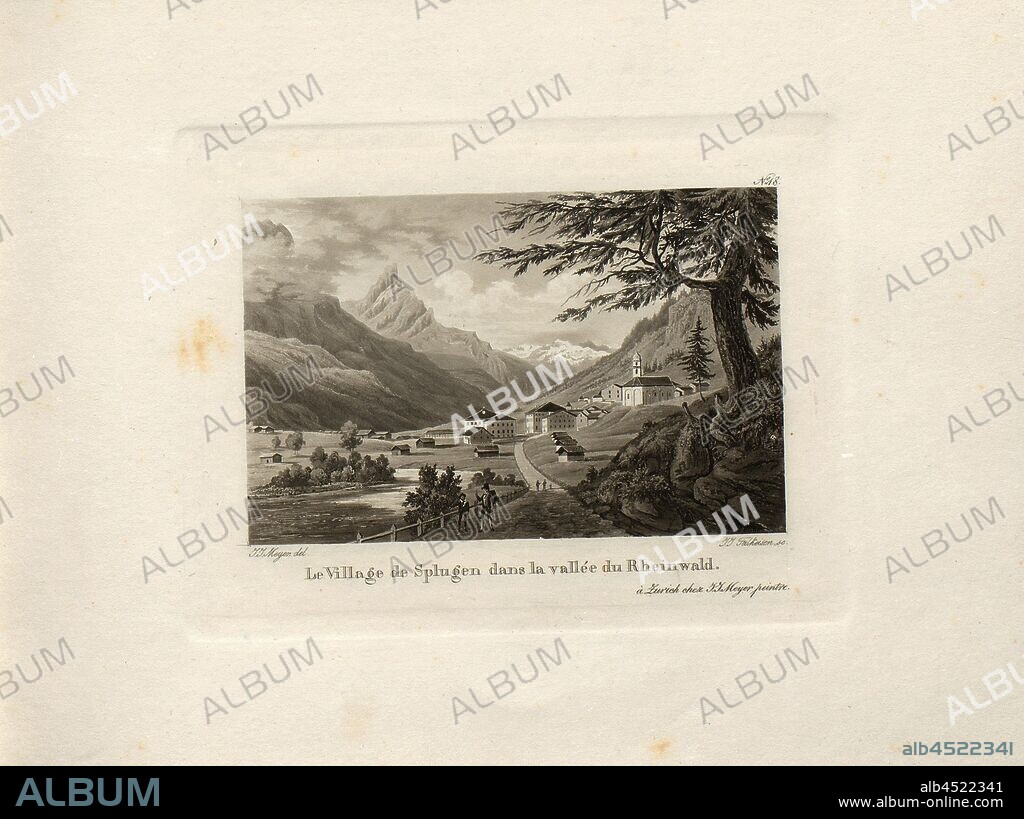 The village of Splugen in the Rheinwald valley, View of Splügen in the Rheinwald Valley, Signed: J.J. Meyer, J.J. Falkeisen, pl. 18, Meyer, Johann Jakob (del.); Falkeisen, J. J. (sc.), 1826, Johann Jakob Meyer, Johann Gottfried Ebel: Meyer’s Bergstrassen durch Graubünden nach dem Langen- und Comer-See. Mit Einleitung u. Erklärung von Herrn Doctor J. G. Ebel. [Zürich: J. J. Meyer, 1826].