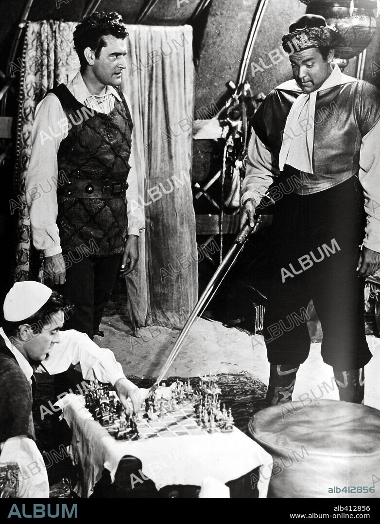 ORSON WELLES y TYRONE POWER en LA ROSA NEGRA, 1950 (THE BLACK ROSE), dirigida por HENRY HATHAWAY. Copyright 20TH CENTURY FOX.