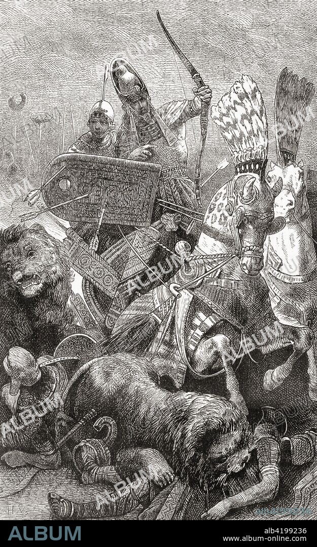 Ramesses II at the Battle of Kadesh aka Battle of Qadesh between the Egyptian Empire and the Hittite Empire, 1274 BC.  From Ward and Lock's Illustrated History of the World, published c.1882.