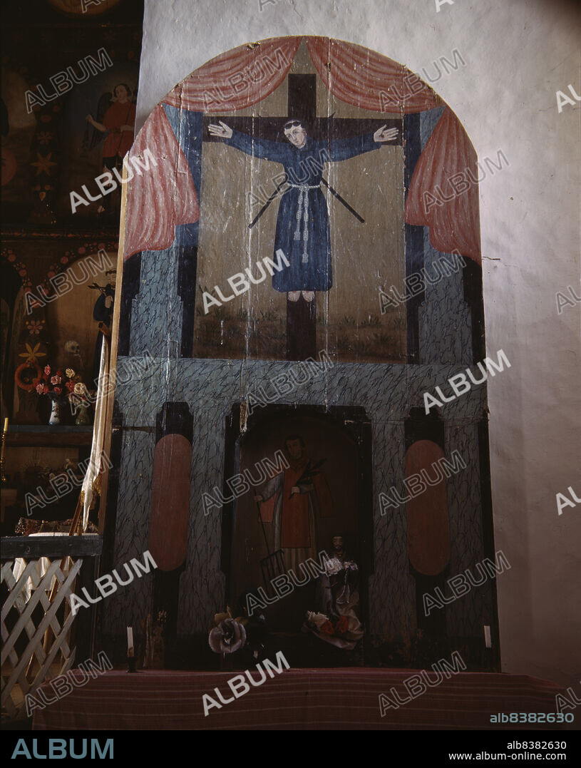 JOHN COLLIER. Side altar in the church dedicated to San Lorenzo and San Felipe de Jesus, Trampas, New Mexico.