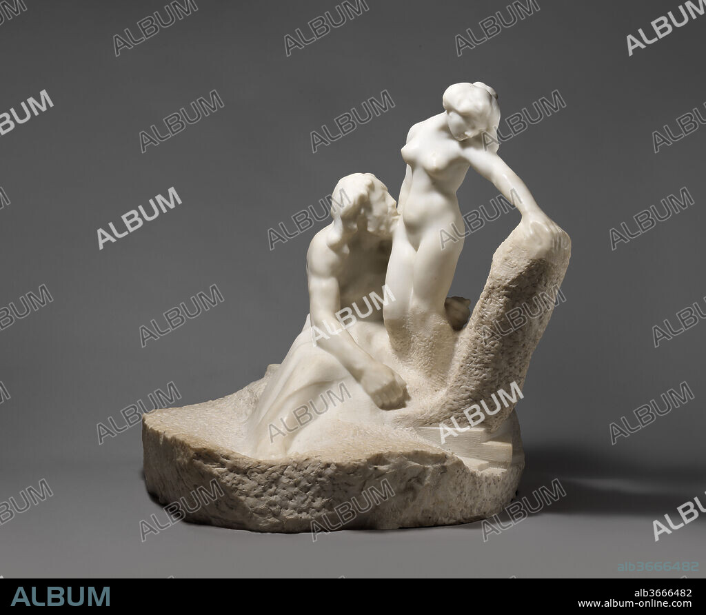 Pygmalion and Galatea. Artist: Auguste Rodin (French, Paris 1840-1917 Meudon). Culture: French. Dimensions: Overall (wt. confirmed): 38 1/4 × 35 × 30 in., 1068 lb. (97.2 × 88.9 × 76.2 cm, 484.4 kg). Date: modeled 1889, carved ca. 1908-9.
According to classical mythology, the sculptor Pygmalion so desired a marble woman he had carved that Venus, the goddess of love, granted her life. Rodin depicts the statue of Galatea quickening at the sculptor's touch, her glowing body emerging from unfinished stone. Yet this Pygmalion is not the handsome youth of tradition, but rather a stocky, bearded man resembling Rodin, whose name is prominently inscribed next to the mythical sculptor's on the side of the base. In his quest to endow his figures with living force, Rodin regarded himself as a modern Pygmalion.
Pygmalion and Galatea is one of six Rodin marbles that came to The Met in 1910 through Thomas Fortune Ryan.