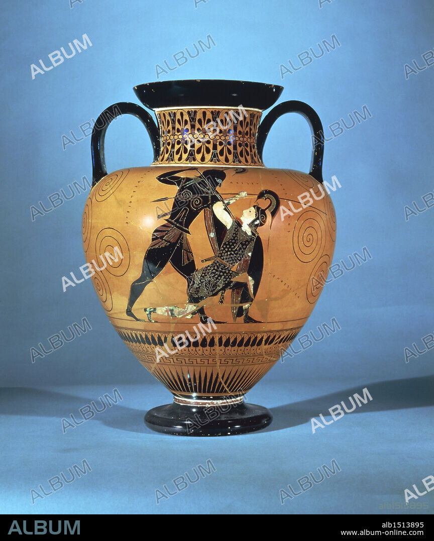 Greek civilization, 5th century b.C. Black-figure pottery. Amphora by Exekias depicting Achilles and Penthesilea.