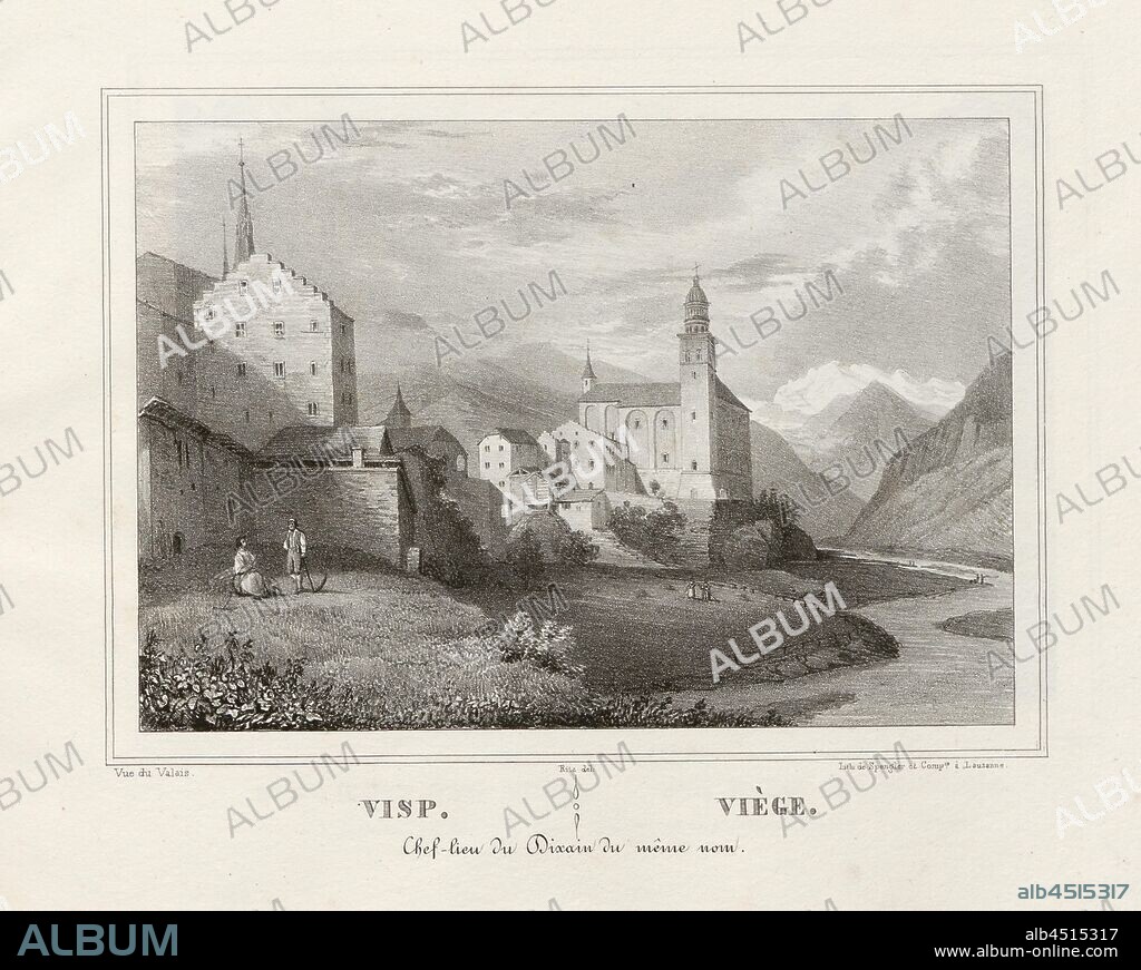 Visp. Chef-lieu of the dixain of the same name, View of Visp (canton of Valais), signed: Ritz, plate 13, p. 29, Ritz, Lorenz Justin (del.), 1800, Lorenz Justin Ritz, Collection des principales vues et chef-lieux des dixains du canton du Valais. Sion: imprimerie de Schmid et Murmann, [18--].