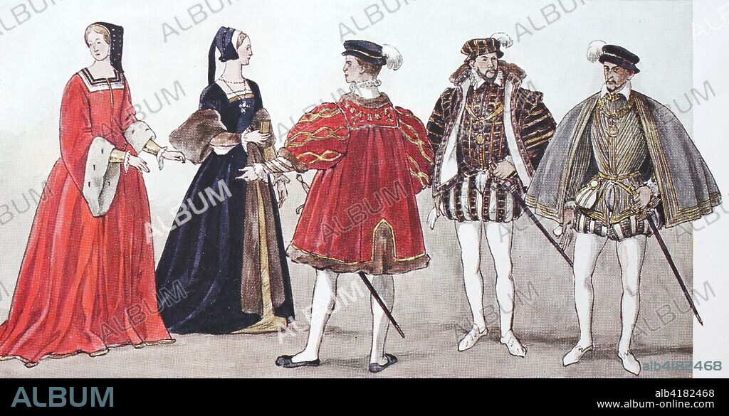 Clothing, fashion in France at the time of the Renaissance around 1500-1575, fashion of the French, distinguished society, from left, two ladies at the court of King Francis I, a French nobleman, then King Anton of Navarre in Spanish costume around 1560, and king Henry II of France in Spanish costume, digital improved reproduction from an original from the year 1900.
