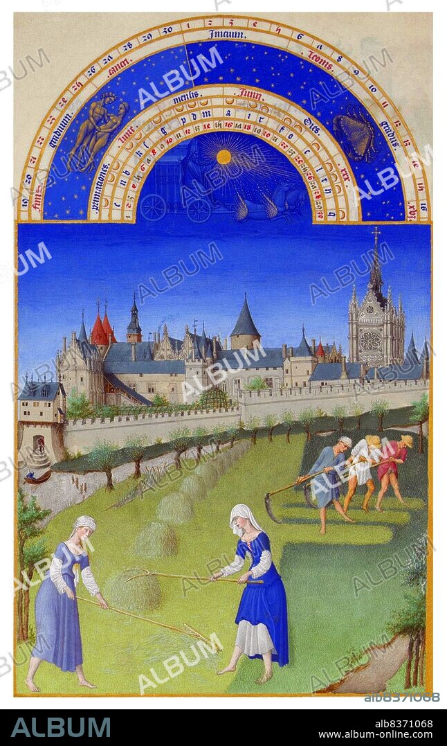 The <i>Tres Riches Heures du Duc de Berry</i> is the most famous and possibly the best surviving example of French Gothic manuscript illumination, showing the late International Gothic phase of the style. It is a book of hours: a collection of prayers to be said at the canonical hours.<br/><br/>. It was created between c. 1412 and 1416 for the extravagant royal bibliophile and patron John, Duke of Berry, by the Limbourg brothers. When the three painters and their sponsor died in 1416, possibly victims of plague, the manuscript was left unfinished. It was further embellished in the 1440s by an anonymous painter, who many art historians believe was Barthelemy d'Eyck. In 1485-1489, it was brought to its present state by the painter Jean Colombe on behalf of the Duke of Savoy.<br/><br/>. Acquired by the Duc d'Aumale in 1856, the book is now in the Musee Conde, Chantilly, France.