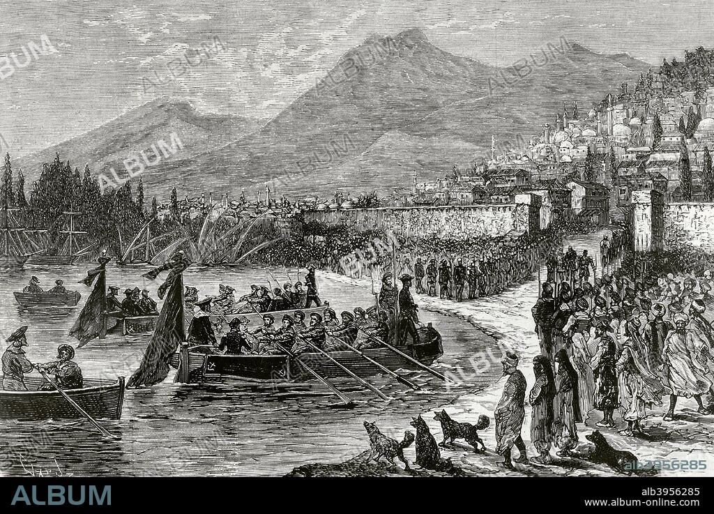 Imperio Turco. Grecia. Salónica. LLegada de los comisarios franceses y alemanes para vigilar la instrucción de la sumaria contra los asesinos de los consules franceses y alemanes M. Moulain y Henry Abbot, por jóvenes religiosos turcos en mayo de 1876 en la ciudad de Salónica. Grabado. La Ilustración Española y Americana, 8 de junio de 1876. Biblioteca Histórico Militar de Barcelona. Cataluña, España.