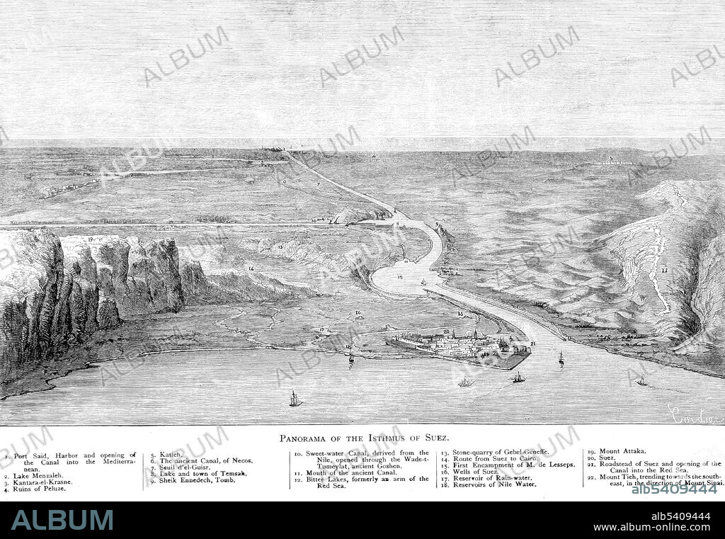 The Isthmus of Suez is the 75 mile wide strip of land that lies between the Mediterranean Sea and the Red Sea, and is the boundary between the continents of Africa and Asia. Beneath it runs the Suez Rift, dividing mainland Egypt and Africa from the Sinai Peninsula. It is located within the country of Egypt, geographically linking the Mediterranean and Red Seas. Like many other isthmuses, it is a location of great strategic and historical value, most notably the presence of the Suez Canal. Africa illustrated by William. R. Smith; illustrated by the most eminent artists, 1889.