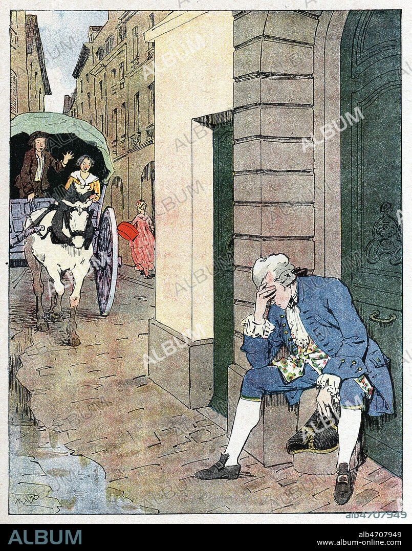 Jeannot pleure dans la rue alors qu'arrive Colin et sa femme. Illustration de Rene PRINET (1861-1946) pour Colin et Jeannot de VOLTAIRE (1694-1778) repris dans Contes d'Hier et d'Aujourd'hui. Credit : Collection Jonas/Kharbine-Tapabor.
