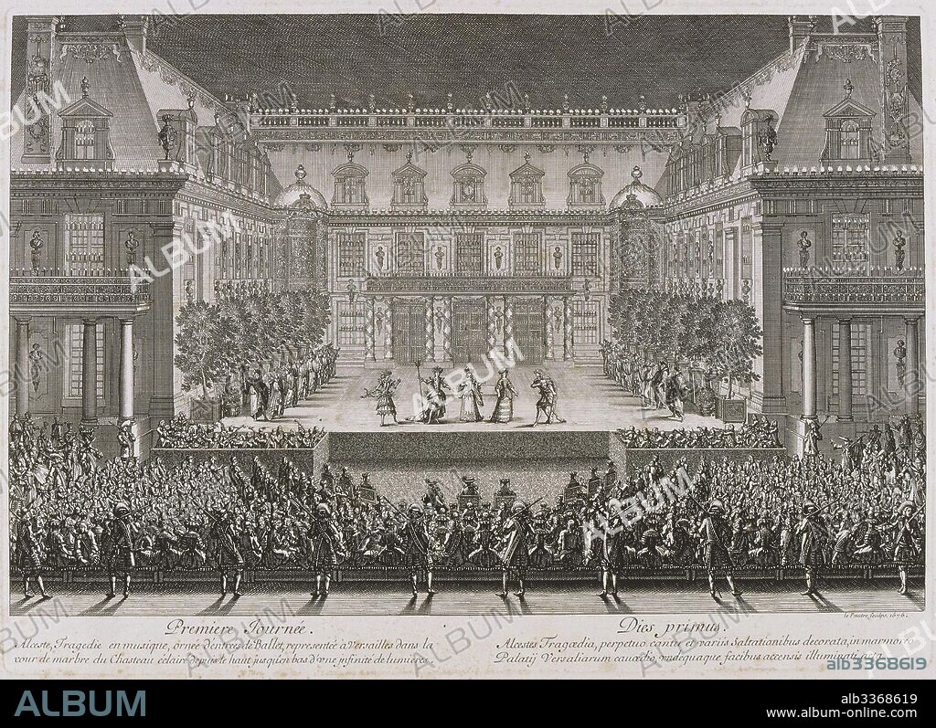 JEAN LE PAUTRE. Jean-Baptiste Lully's opera Alceste being performed in the marble courtyard at the Palace of Versailles, 1674.