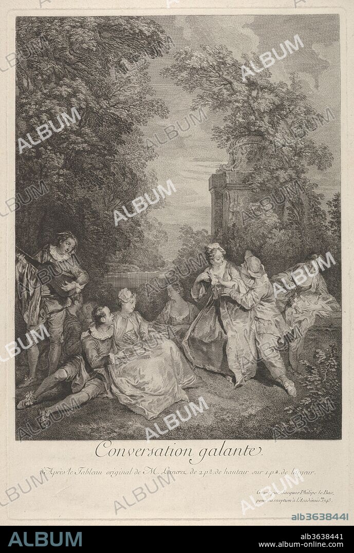 'Gallant conversation' (Conversation galante): couples engage in conversation in a garden setting, at left a musician plays for the group, at right a woman holds a reclining lap dog. Artist: Jacques Philippe Le Bas (French, Paris 1707-1783 Paris); After Nicolas Lancret (French, Paris 1690-1743 Paris). Dimensions: Sheet: 18 11/16 x 13 7/8 in. (47.5 x 35.2 cm). Date: 1743.