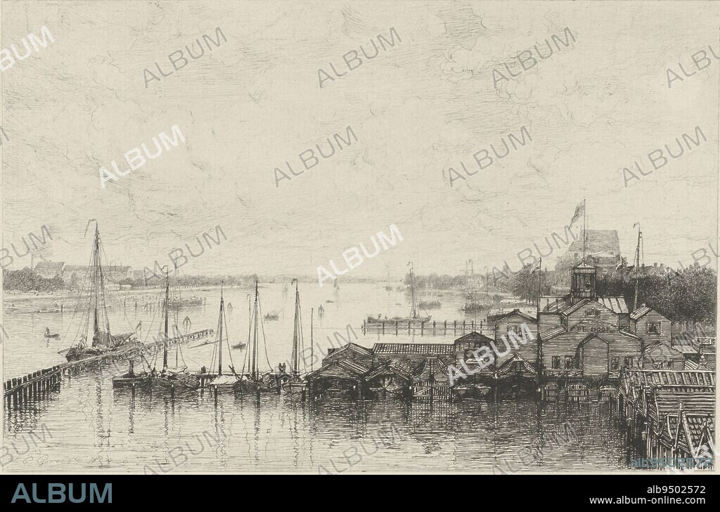 View of the Amstel River with the buildings of the rowing club de Hoop on the right, View of the buildings of the rowing club de Hoop, print maker: Johan Conrad Greive, Amsterdam, 1847 - 1891, paper, etching, w 296 mm × h 197 mm.