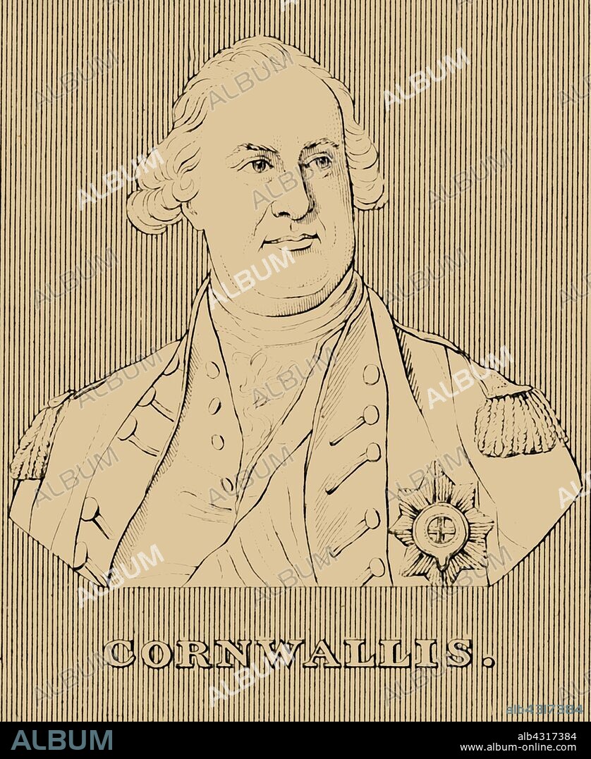 'Cornwallis', (1738-1805), 1830. Charles Cornwallis (1738-1805)  British Army general and official, educated at Eton and Cambridge, remembered for his part in the American War of Independence. From "Biographical Illustrations", by Alfred Howard. [Thomas Tegg, R. Griffin and Co., J. Cumming, London, Glasgow and Dublin, 1830].