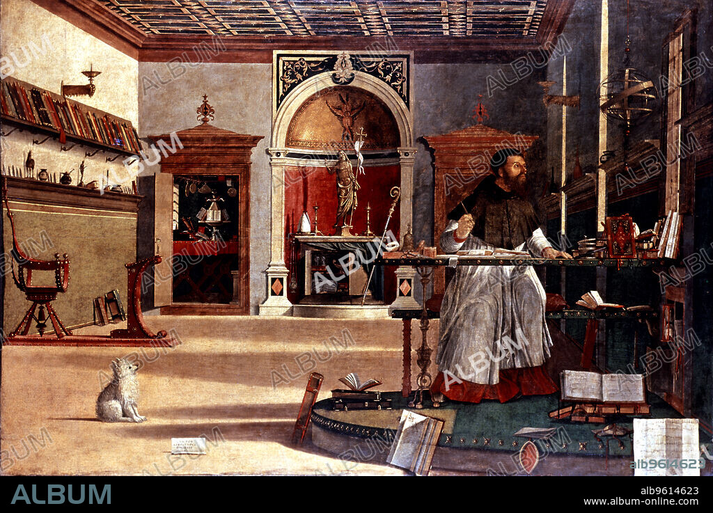 San Agustín (354 - 430), padre de la iglesia y obispo de Hipona. 'San Agustín en su estudio' o 'La visión de San Agustin', óleo de 1502-1507.