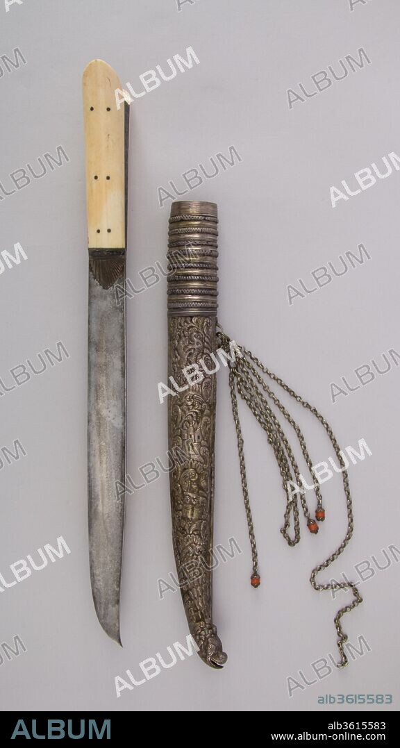 Dagger (Yatagan) with Sheath. Culture: Balkan. Dimensions: H. with sheath 17 1/4 in. (43.8 cm); H. without sheath 15 5/16 in. (38.9 cm); H. of blade 10 5/8 in. (27 cm); W. 2 9/16 in. (6.5 cm); D. 1 1/16 in. (2.7 cm); Wt. 11.4 oz. (323.2 g); Wt. of sheath 10.2 oz (289.2 g). Date: 18th century.