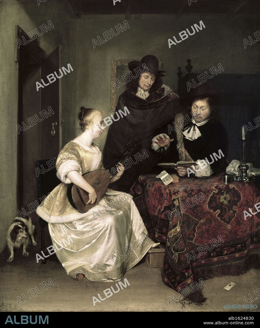 GERARD TER BORCH. Young Woman Playing the Theorbo to Two Men  ca.1667-8  Gerard ter  Borch (1617-1681 Dutch)   Oil on canvas  National Gallery, London, England.