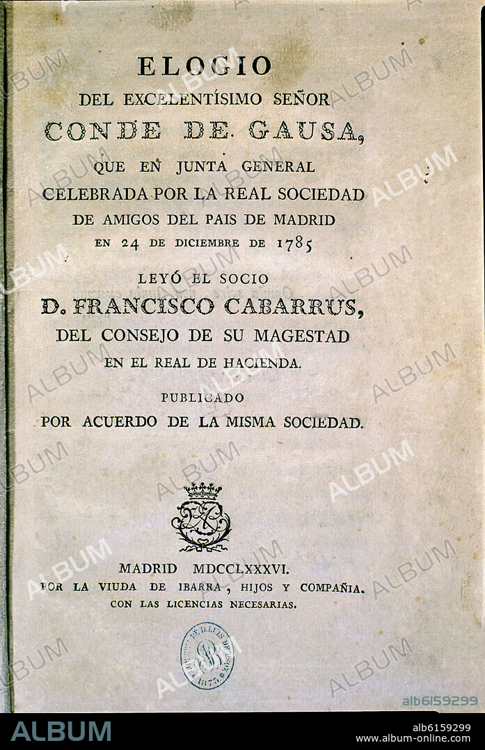 CABARRUS FRANCISCO. PORTADA DEL ELOGIO DEL EXCELENTISIMO CONDE DE GAUSA.