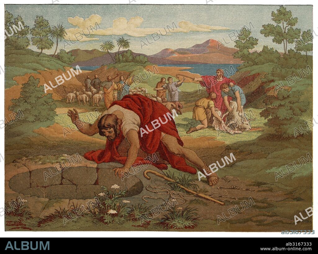 Historia Sagrada. Ruben, hijo del patriarca Jacob, buscando a su hermano José en el pozo donde permanecía cautivo. Grabado de 1916.