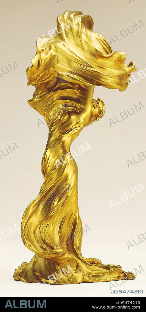 Table lamp, c. 1900, Raoul-Francois Larche, French, 18601912, 13 x 7in. (33 x 17.8cm), Gilt bronze, France, Art Nouveau, American dancer Loie Fuller (18631928) developed her own modern dance in Paris in the 1890s, becoming famous for her 'Serpentine Dance,' which created its effect from the swirling motion of her fluid garments. On November 5, 1892, Fuller made her debut at the Paris music hall the Folies Bèrgere. She designed a special podium with movable mirrors and rows of colored lightbulbs. She overwhelmed the audience with this kaleidoscopic combination of light, color, and motion. The French sculptor François-Raoul Larche designed several Fuller lamps, including this one, to capture the spirit of her famous dance.