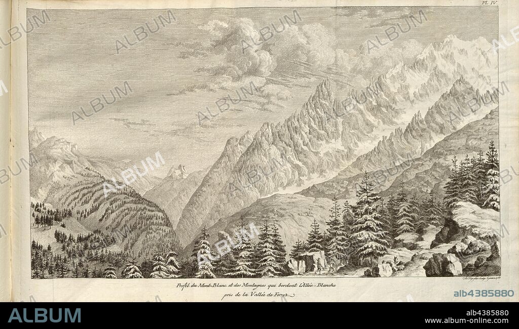 Mont-Blanc and Mountains that line the Allee Blanche taken from the Ferrez Valley, View of the Mont-Blanc Massif, signed: A. Töpffer, copperplate engraving, pl. IV, after p. 302 (vol. 2), Töpffer, Adam (sculp.), 1779, Horace-Bénédict de Saussure, Voyages dans les Alpes, précédés d'un essai sur l'histoire naturelle des environs de Genève. Neuchâtel: Samuel Fauche, 1779-1796.