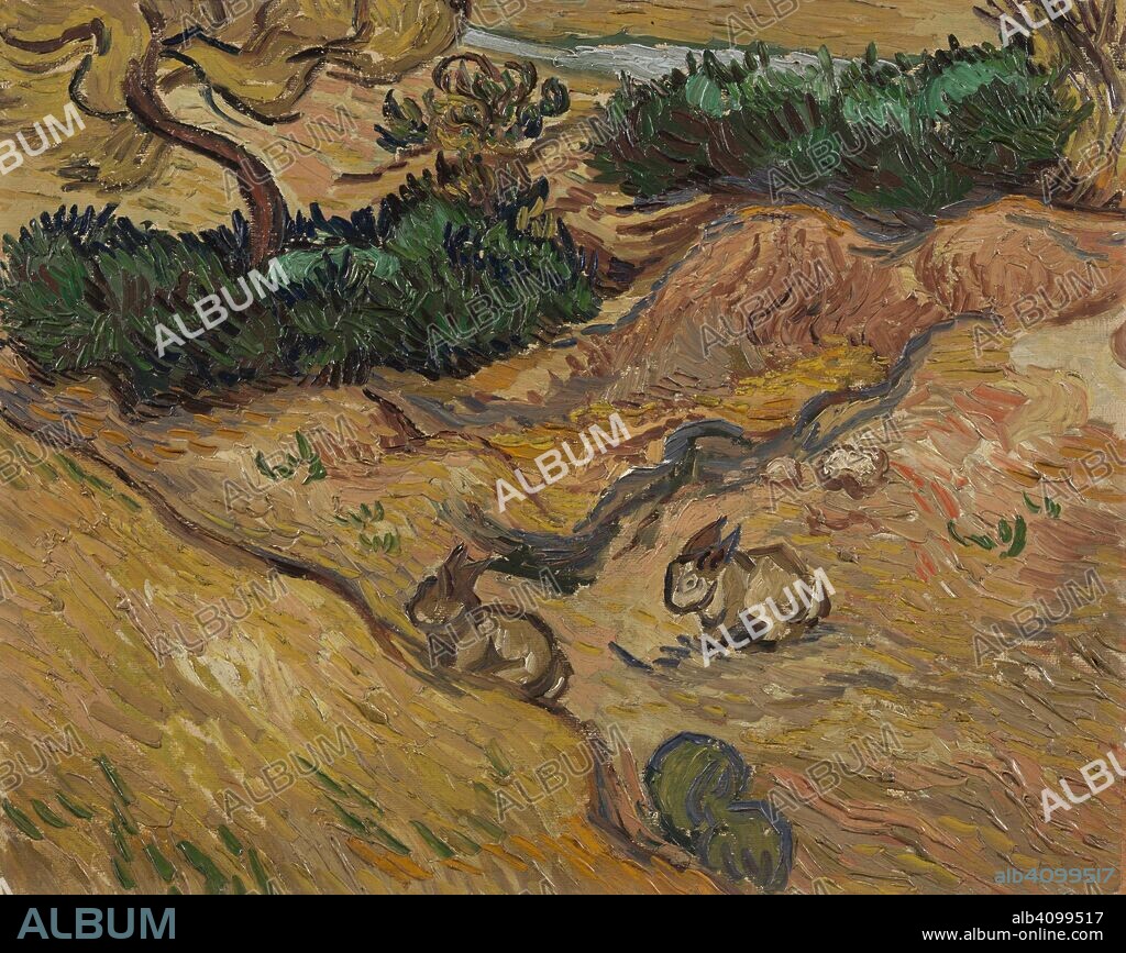 VINCENT VAN GOGH. Landscape with Rabbits. Date: December 1889, Saint-Rémy-de-Provence. Dimensions: 32.7 cm x 40.6 cm, 50.1 cm x 58.3 cm.