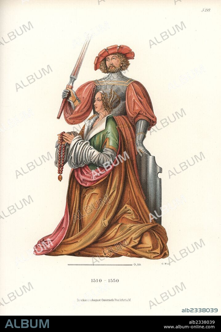 Kneeling woman with a knight in armour standing behind her. She wears a embroidered bonnet and large velvet cape over a velvet dress, and holds a rosary. By an unknown artist of the Swabian school, 16th century. Probably originally from a folding door on an altar. Chromolithograph from Hefner-Alteneck's "Costumes, Artworks and Appliances from the Middle Ages to the 17th Century," Frankfurt, 1889. Lithographed by C. Regnier. Dr. Jakob Heinrich von Hefner-Alteneck (1811-1903) was a German museum curator, archaeologist, art historian, illustrator and etcher.
