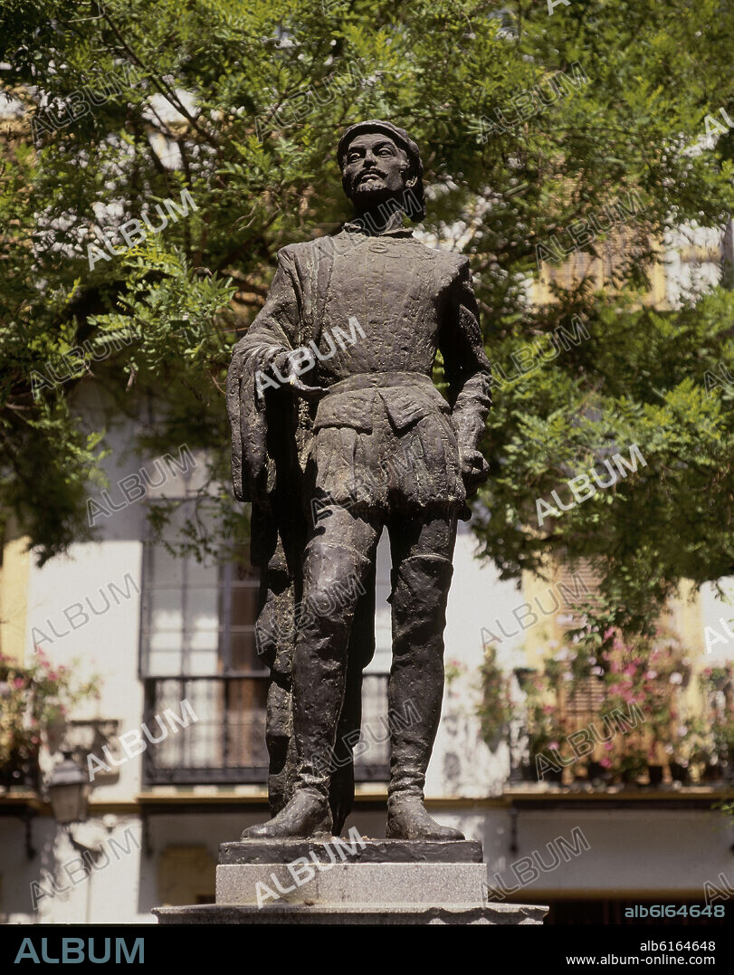 NICOMEDES DÍAZ PIQUERO. MONUMENTO A DON JUAN TENORIO EN LA PLAZA DE LOS REFINADORES EN EL BARRIO DE SANTA CRUZ - SIGLO XX.