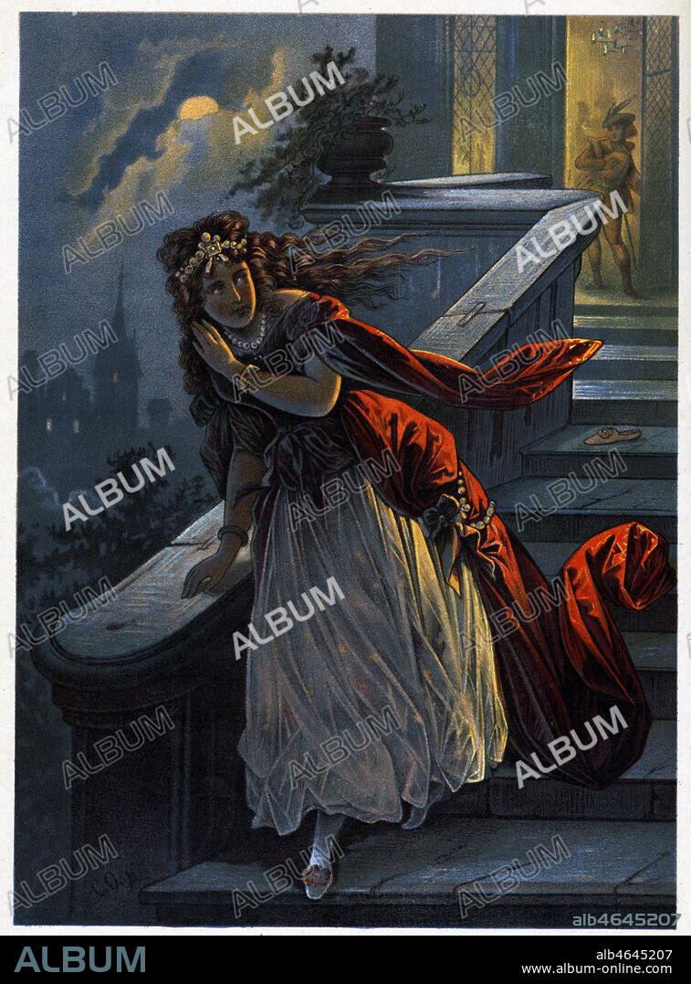 CENDRILLON : Cendrillon part en courant du bal parce qu'il est minuit. Elle laisse sa petite pantoufle de verre sur l'escalier. Cendrillon, Lithographie OFFTERDINGER Karl (1829-1889) Ed. JOUVET et Cie, vers 1885. Credit: Collection Kharbine Tapabor.