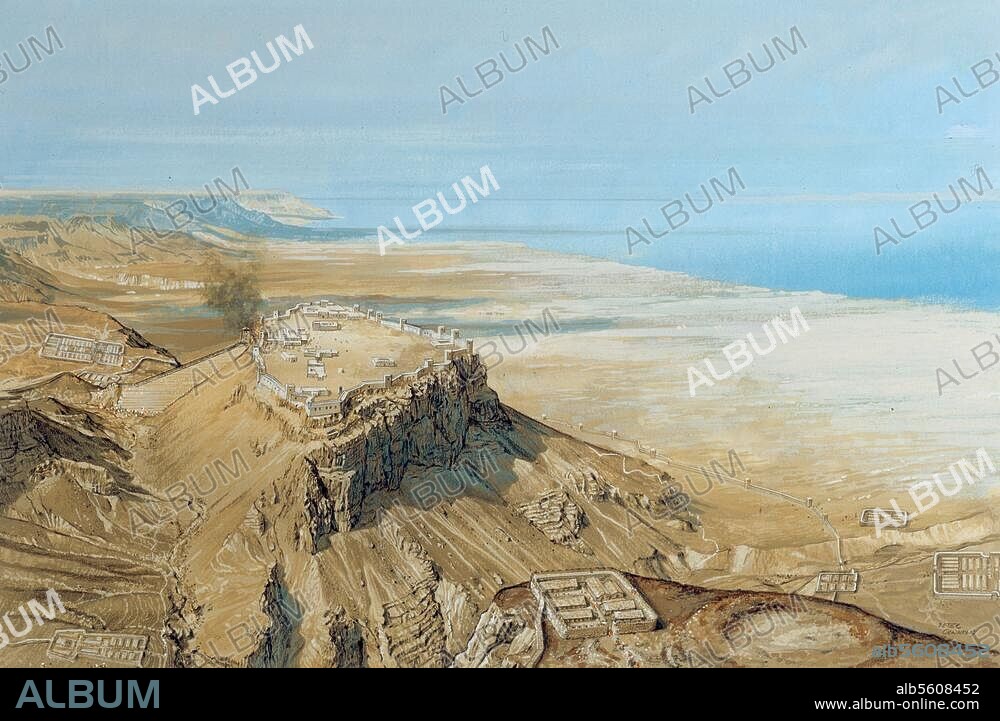 Israël sous l'ocupation romaine. Siège de la forteresse de Massada, refuge des Zélotes après la prise de Jérusalem par les Romains. (Édification d'un mur de 4500m de long par les assiégeants). - "Siege of Massada, 74 AD".- / Aquarelle. 1989, de Peter Connolly (né en 1935).